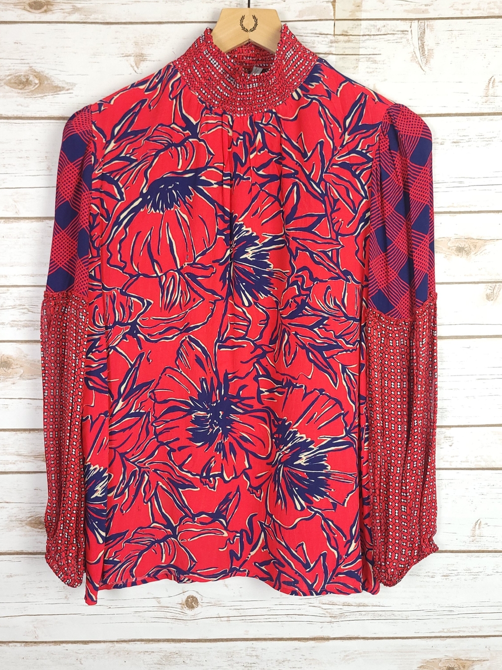 Anthropologie Blank London Small Red Floral High-Neck Long Sleeve Blouse